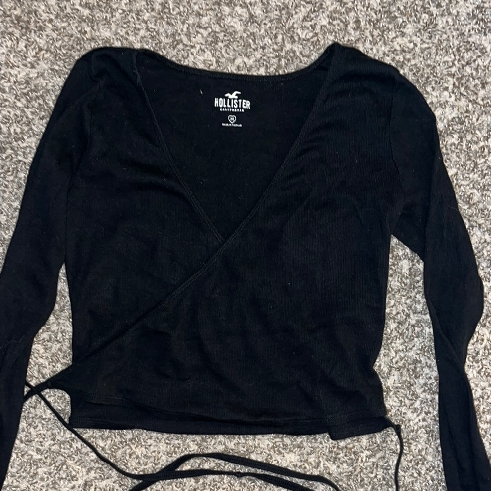 Hollister Black Long Sleeve Wrap Crop Blouse